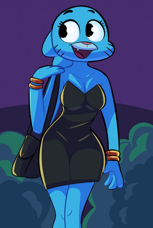 anthro blue_body blue_fur bracelet breasts clothed clothing dress female fur handbag jewelry mature_anthro mature_female open_mouth purse smile solo gabbah cartoon_network the_amazing_world_of_gumball nicole_watterson domestic_cat felid feline felis mammal hi_res