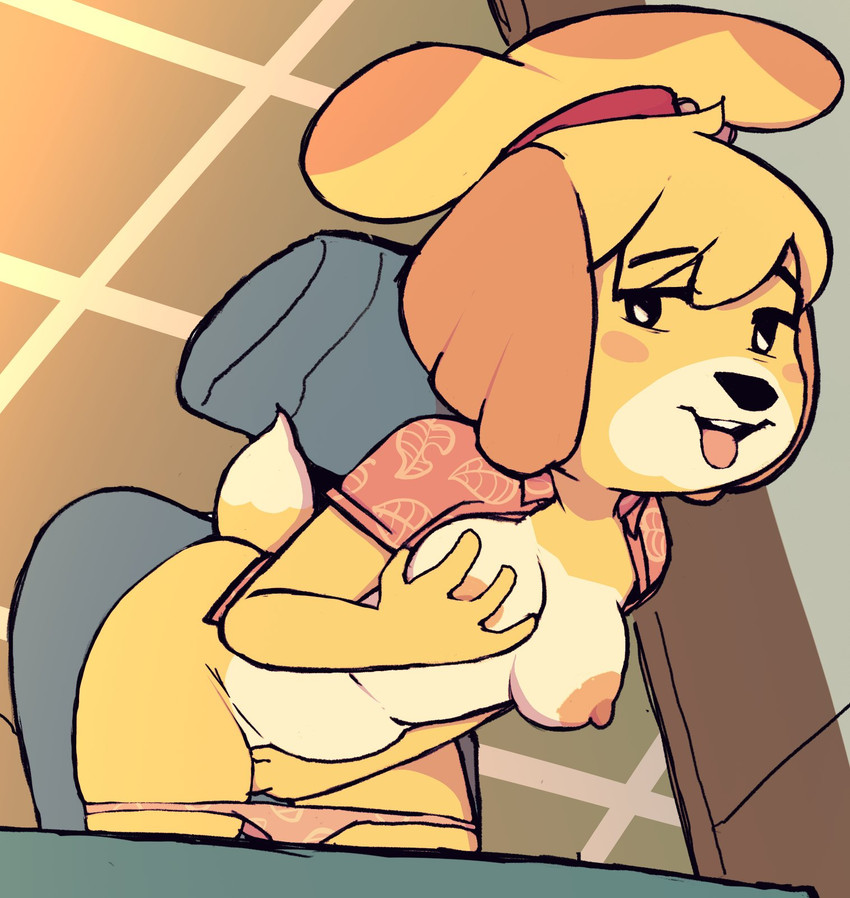 anthro areola biped blonde_hair breasts chair clothed clothing duo female furniture hair masturbation multicolored_body nipples panties panties_down partially_clothed sex_toy shirt smile thick_thighs three-quarter_view topwear toying_self underwear underwear_down yellow_body sprockeyart animal_crossing nintendo isabelle_(animal_crossing) canid canine canis domestic_dog mammal shih_tzu toy_dog 2025 hi_res