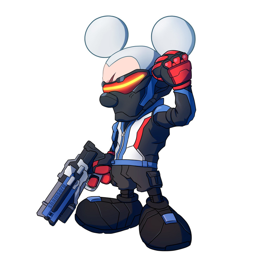 anthro clothing footwear gloves gun handgun handwear male mask parody ranged_weapon simple_background solo weapon shamserg blizzard_entertainment disney overwatch mickey_mouse soldier_76_(overwatch) mammal mouse murid murine rodent 1:1 2016 hi_res signature