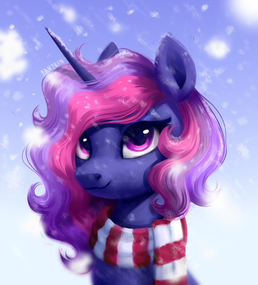 blue_sky closed_smile clothed clothed_female clothed_feral clothing eyelashes female feral horn light mane medium_mane mouth_closed multicolored_mane outside pattern_clothing pattern_scarf pink_mane purple_eyes purple_mane red_stripes scarf sky smile smiling_at_viewer snow snowing solo striped_clothing striped_scarf stripes text winter fantein hasbro my_little_pony mythology fan_character vevlien_de_vilore equid equine mammal mythological_creature mythological_equine unicorn 2021 artist_name bust_portrait colored digital_media_(artwork) digital_painting_(artwork) english_description lighting painting_(artwork) portrait shaded