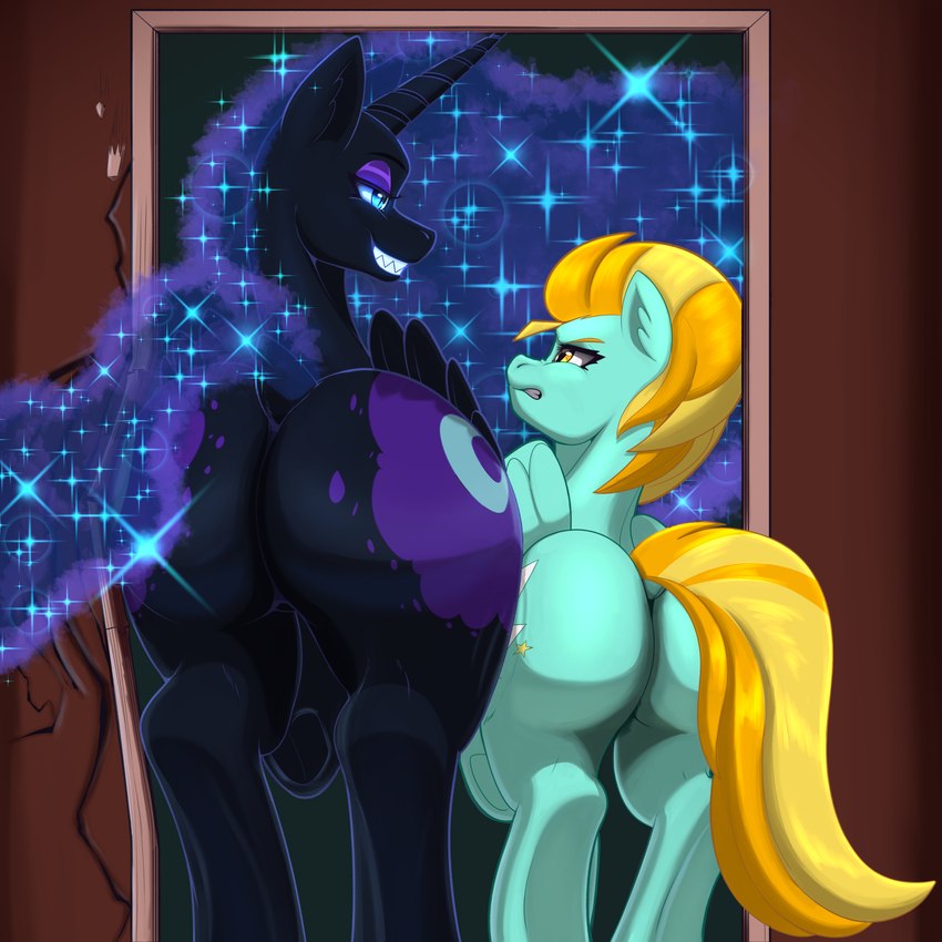 big_butt black_body black_fur blonde_hair butt duo female female/female feral fur grin hair hip_to_hip hooves horn huge_butt rear_view smile sparkles sparkling_hair stuck stuck_in_door thick_thighs wings aeroartz friendship_is_magic hasbro my_little_pony mythology lightning_dust_(mlp) nightmare_moon_(mlp) equid equine horse mammal mythological_creature mythological_equine pony unicorn winged_unicorn 1:1 absurd_res hi_res