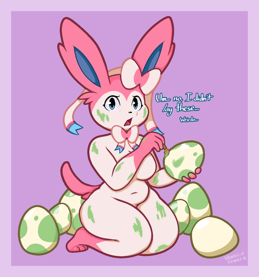 annoyed anthro blue_eyes bow_accessory breasts countershading easter_egg egg egg_painting featureless_breasts female fur gloves_(marking) holidays kneeling leg_markings long_ears markings multicolored_body multicolored_fur navel nude open_mouth painting pink_body pink_countershading pokemon_egg pokemorph purple_background ribbons simple_background slightly_chubby socks_(marking) solo tail text thick_thighs two_tone_body two_tone_fur white_body white_fur wide_hips fenillavee easter nintendo pokemon eeveelution generation_6_pokemon pokemon_(species) sylveon 2025 english_text hi_res signature