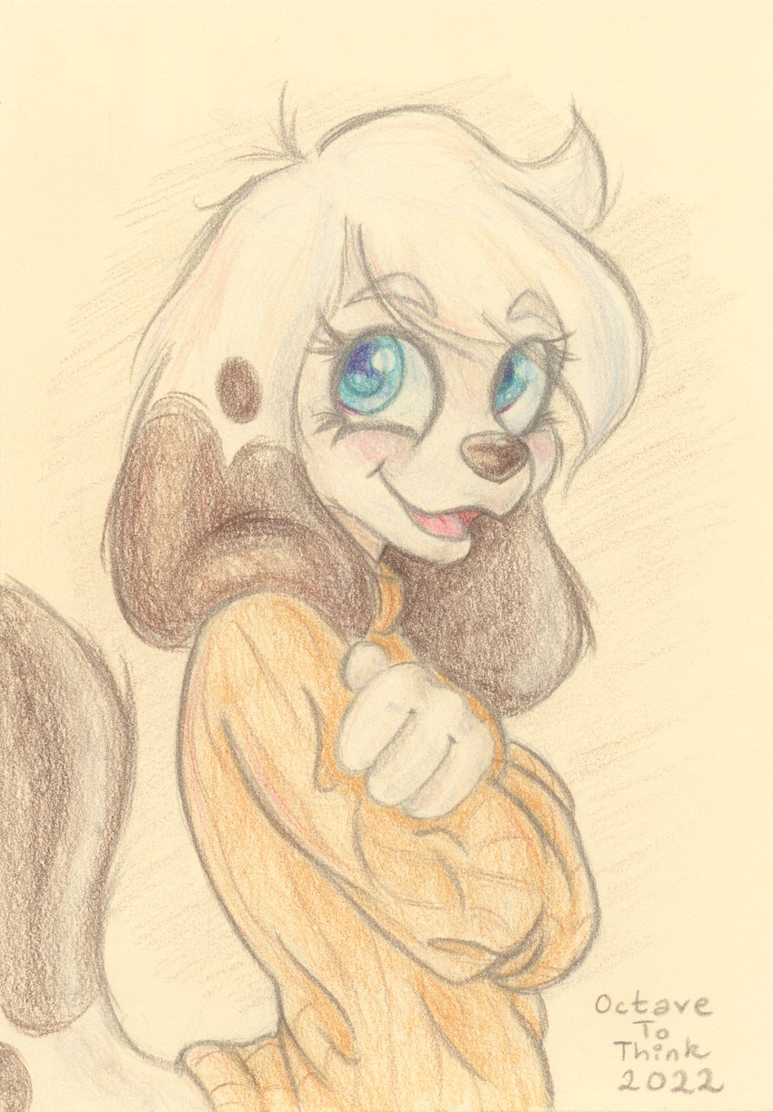 4_fingers ambiguous_gender anthro blue_eyes blush clothing crossed_arms fingers long_ears looking_up markings open_mouth side_view solo spots spotted_markings standing sweater topwear conditional_dnp octavetothink canid canine canis domestic_dog mammal 2022 absurd_res colored_pencil_(artwork) hi_res traditional_media_(artwork) male_(lore)