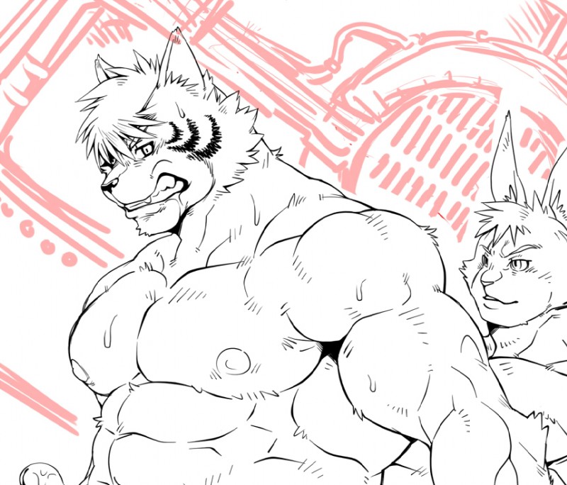 anthro anthro_on_anthro biceps big_muscles duo erection eye_patch eyewear male male/male markings muscular muscular_male nipples nude pecs penis dandoo drakuun dard felid lagomorph leporid mammal pantherine rabbit tiger