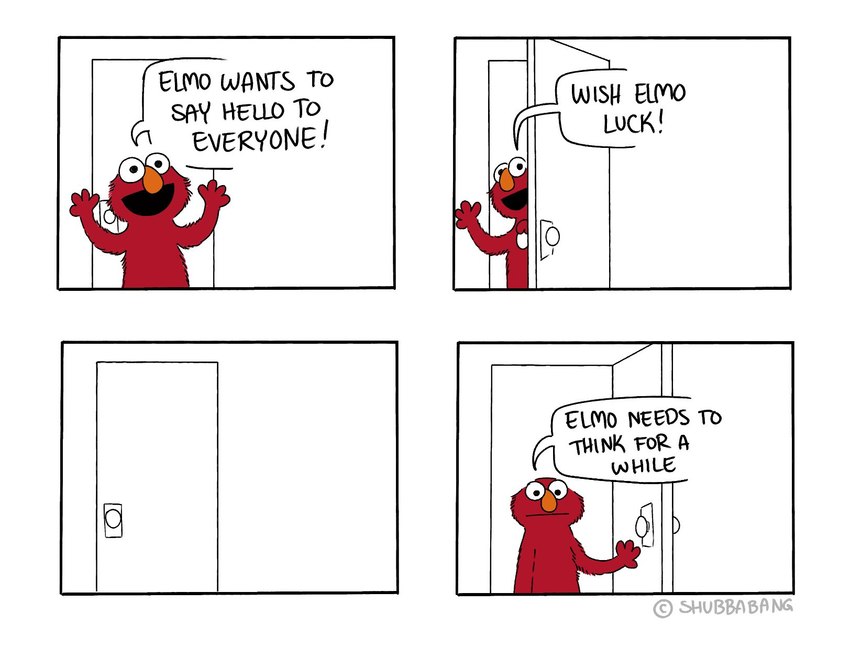 anthro biped closed_door dialogue door fur greeting happy male open_door orange_nose red_body red_fur sad simple_eyes solo speech_bubble text shubbabang pbs sesame_street elmo monster 2024 comic english_text hi_res meme