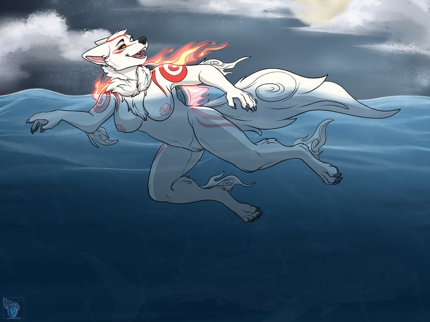 anthro anthrofied big_breasts breasts claws cloud darkness female fire fur genitals markings moon night nipples nude oblivious open_mouth outdoor_nudity outside partially_submerged pussy sea skinny_dipping sky smile solo swimming tail teeth tongue water white_body white_fur conditional_dnp electroporn capcom clover_studio okami_(capcom) amaterasu_(okami) canid canine canis fish mammal marine shark wolf 4:3 digital_media_(artwork) hi_res