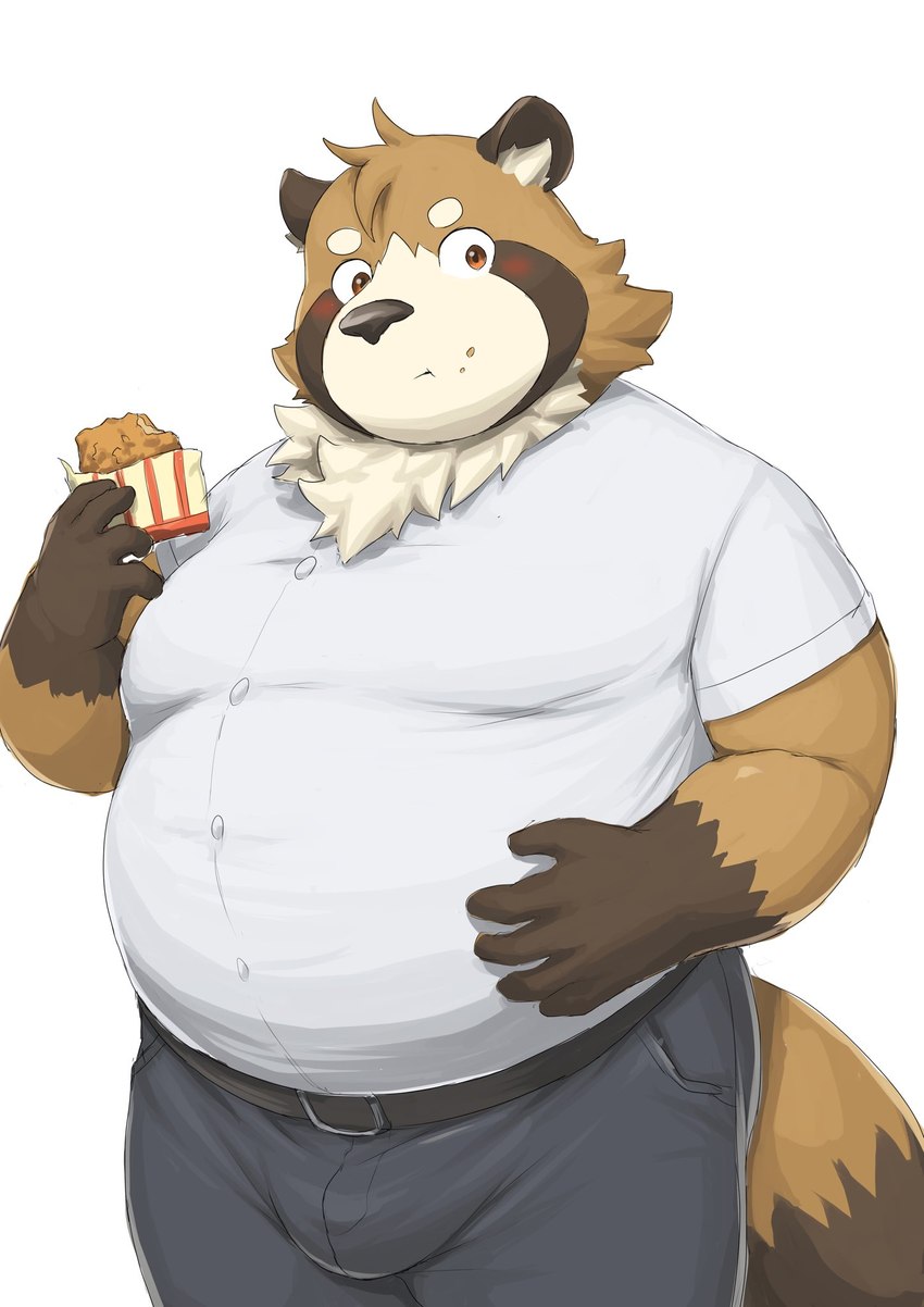 anthro belly blush bottomwear brown_body brown_fur bulge clothing food fur humanoid_hands kemono male overweight overweight_male pants shirt simple_background solo topwear white_background barontoko canid canine mammal raccoon_dog tanuki 2021 hi_res