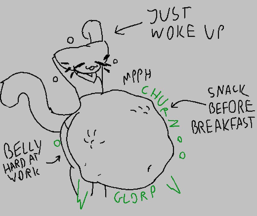 :3 ambiguous_anthro ambiguous_gender ambiguous_pred ambiguous_prey anthro anthro_pred arm_above_head belly big_belly biped black_text blep bodily_noises churn closed_smile contextual_arrow cropped_sweater digestion digestion_noises directional_arrow ears_down eyes_closed flat_chested floating_whiskers fully_inside glorp green_text grey_background hand_behind_head hand_imprint huge_belly imprint long_sleeves long_tail looking_well-fed monotone_background mouth_closed mph! muffled noseless onomatopoeia pivoted_ears pointy_ears prick_ears raised_arm raised_tail rumbling_stomach same_size_vore satisfied_look simple_background sleeves_past_wrists smile soft_vore solo sound_effects standing stretching stretching_arms tail text three-quarter_view tongue tongue_out unseen_prey vore vowelless vowelless_vocalization tcsrjx emily_(tcsrjx) domestic_cat felid feline felis mammal 2023 digital_drawing_(artwork) digital_media_(artwork) english_description english_text guide_lines hi_res portrait sketch three-quarter_portrait female_(lore)