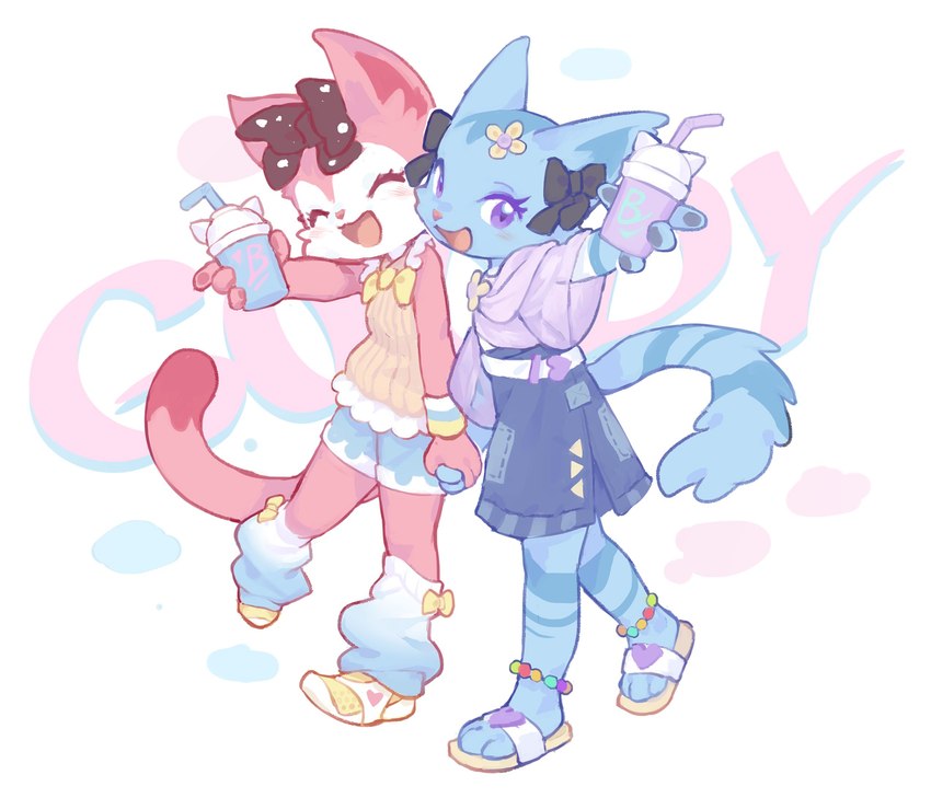 anthro clothed clothing container cup duo eyes_closed female footwear hand_holding open_mouth sandals shoes landypommel beatcats sanrio sega sega_fave chelsea_(beatcats) mia_(beatcats) domestic_cat felid feline felis mammal hi_res