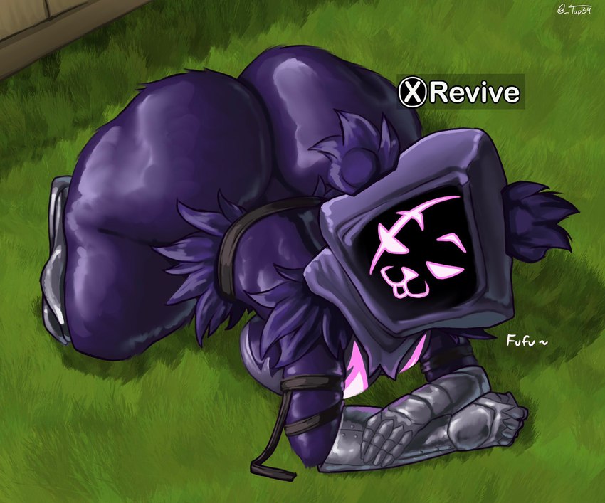 all_fours anthro armor ass_up bent_over big_breasts big_butt breast_squish breasts butt clothing female fur gauntlets giggling gloves glowing glowing_eyes glowing_markings handwear hood huge_butt huge_hips huge_thighs looking_at_viewer markings purple_body purple_fur solo squish thick_thighs wide_hips tap34 epic_games fortnite raven_team_leader bear mammal digital_drawing_(artwork) digital_media_(artwork) hi_res