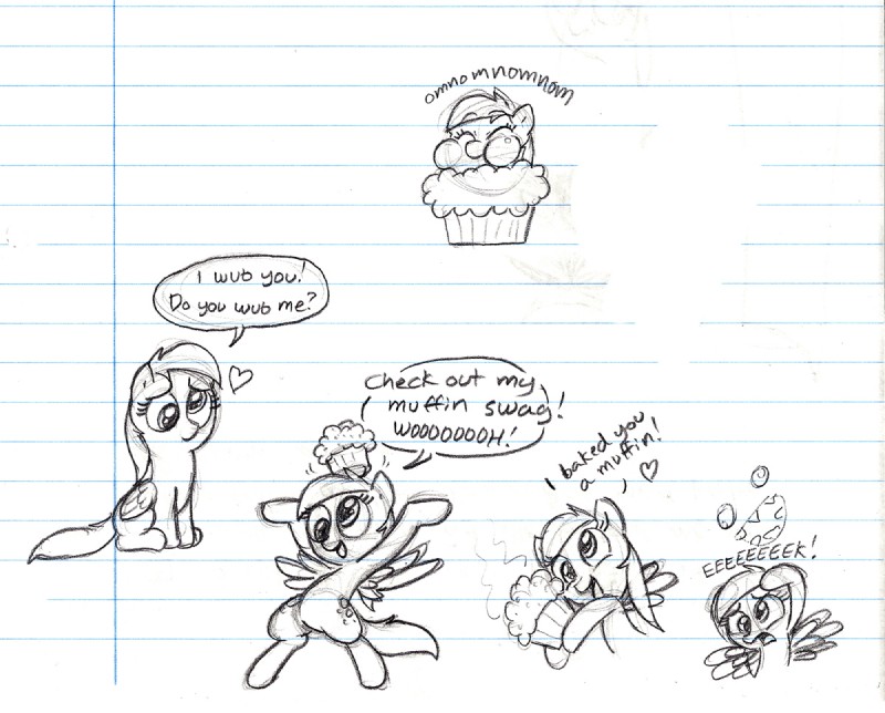 cutie_mark derp_eyes dialogue disembodied_eyes disembodied_mouth duo eating feathered_wings feathers female feral food heart_symbol lined_paper muffin playful scared sharp_teeth solo_focus teeth text wings mickeymonster friendship_is_magic hasbro my_little_pony mythology derpy_hooves_(mlp) equid equine mammal mythological_creature mythological_equine pegasus 2012 english_text graphite_(artwork) multiple_images traditional_media_(artwork)