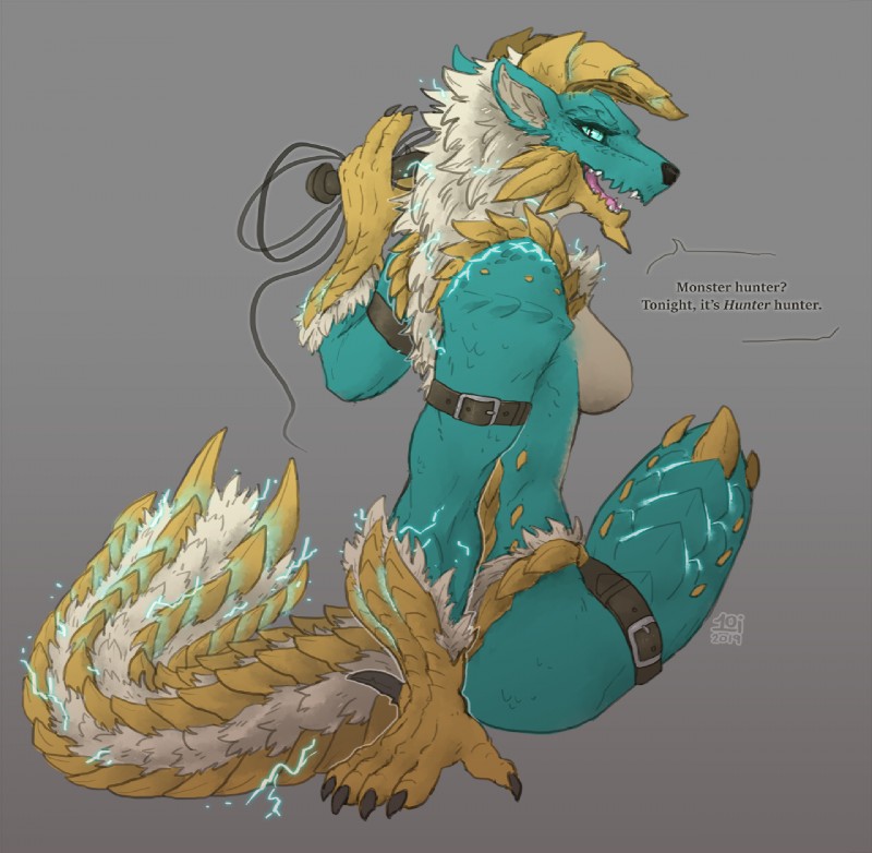 anthro belt blue_eyes breasts claws electricity electrogenesis female fur holding_object holding_whip horn looking_at_viewer non-mammal_breasts nude open_mouth scales smile solo text whip 1oi conditional_dnp capcom monster_hunter canid fanged_wyvern mammal scalie zinogre 2019 digital_media_(artwork) english_text hi_res