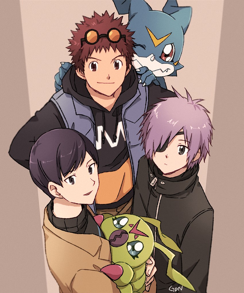 anthro brown_hair eye_patch eyewear feral green_body group hair hair_over_eyes male purple_hair segmented_body gdn0522 bandai_namco digimon davis_motomiya ken_ichijouji lui_owada digimon_(species) human mammal veemon wormmon 5:6 hi_res