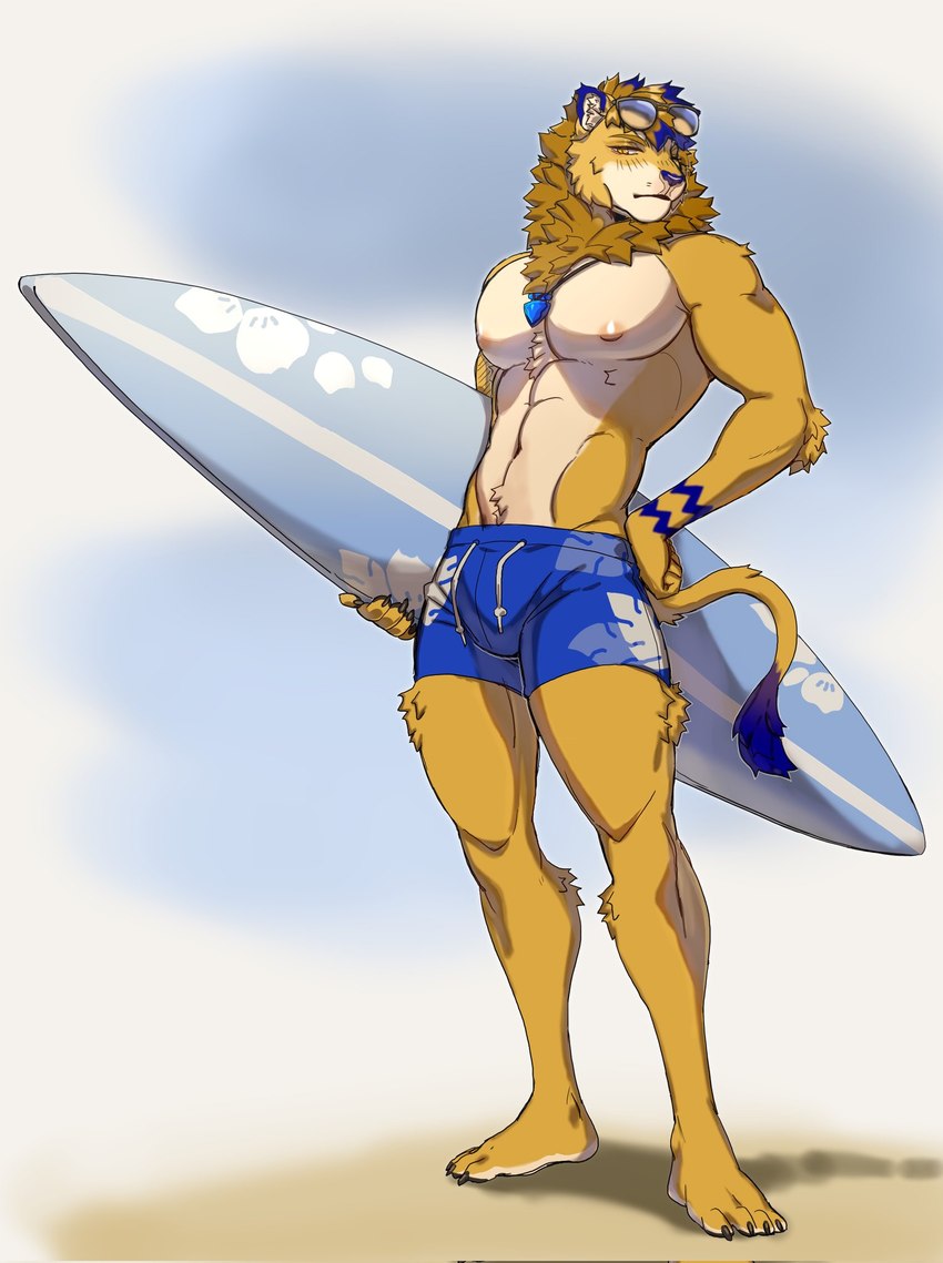 anthro blue_body blue_fur blue_hair clothing eyewear fur glasses hair male mane muscular muscular_anthro muscular_male solo surfboard swimwear yellow_body yellow_fur kasusei maremare dexterlion felid lion mammal pantherine hi_res