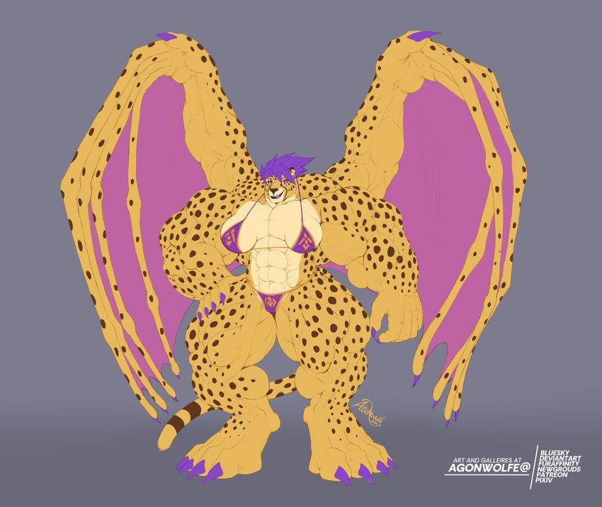 anthro big_muscles bikini biped claws clothing digitigrade female hair huge_muscles hyper hyper_muscles membrane_(anatomy) membranous_wings muscular purple_hair small_head solo spots steroids swimwear toe_claws two-piece_swimsuit virilization wings agonwolfe cheetah felid feline mammal hi_res