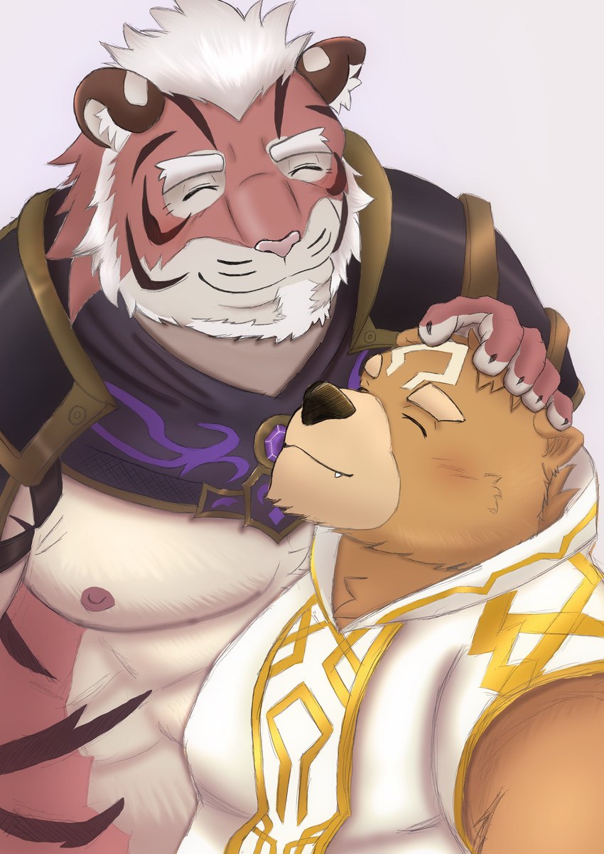 anthro blush brown_body brown_fur duo fur headpat male male/male mature_male muscular muscular_anthro muscular_male nipples overweight pecs striped_body striped_fur stripes text satopu_v2 crave_saga gabu_(crave_saga) remaias_(crave_saga) bear felid mammal pantherine tiger absurd_res english_text hi_res