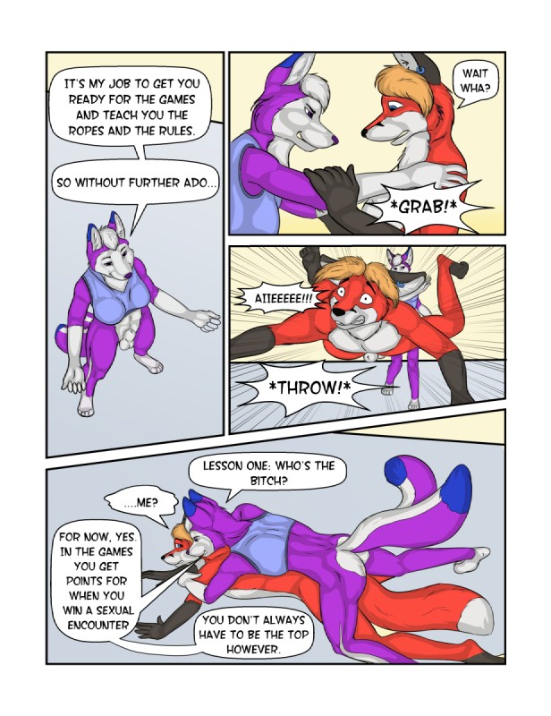 2_tails animal_genitalia anthro balls bottomless breasts butt clothed clothing dialogue duo fully_sheathed genitals gynomorph hand_on_shoulder intersex multi_tail nude penis piercing pounce sheath smile smirk tail text wide_eyed sunitai cynder_nightshadow zander_softpaws canid canine fox mammal comic digital_media_(artwork) english_text hi_res