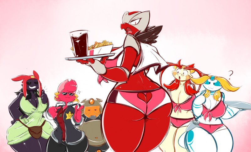 anthro beverage big_breasts boobies_uniform breasts butt butt_keyhole clothing cosplay curvy_figure eyewear female food fries gesture group hair hand_gesture huge_breasts looking_at_viewer markings non-mammal_breasts open_mouth question_mark simple_background thick_thighs thumbs_up voluptuous waiter wide_hips averyshadydolphin mythology space_dandy aijou calamity_(averyshadydolphin) claudia_(averyshadydolphin) sokajou vixie_(averyshadydolphin) yaojou dragon jou mythological_creature mythological_scalie scalie 2016 hi_res