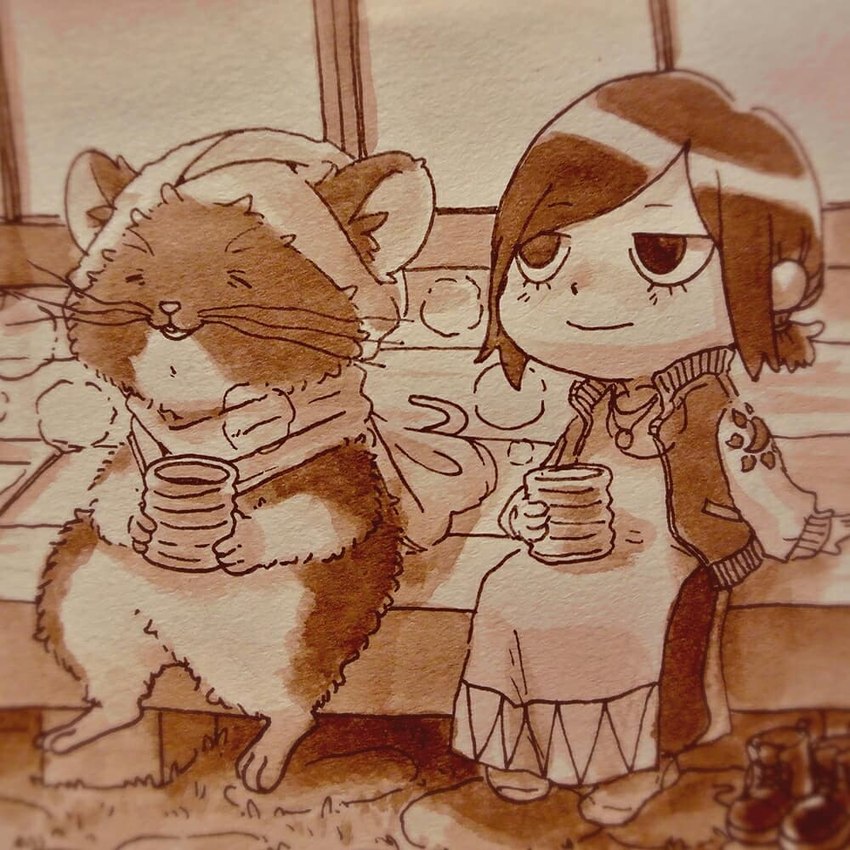 anthro beverage biped cloak clothed clothing detailed_background duo eyes_closed open_mouth outside sitting smile you_miichi nairi_(series) nairi_(character) rex_(nairi) human mammal murid murine rat rodent 1:1 2018