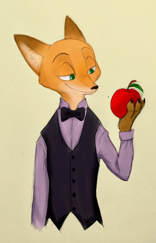 anthro apple bow_(feature) bow_tie clothed clothing food fruit fur green_eyes male plant simple_background solo white_background marema_kishin disney zootopia nick_wilde canid canine fox mammal 2017 hi_res