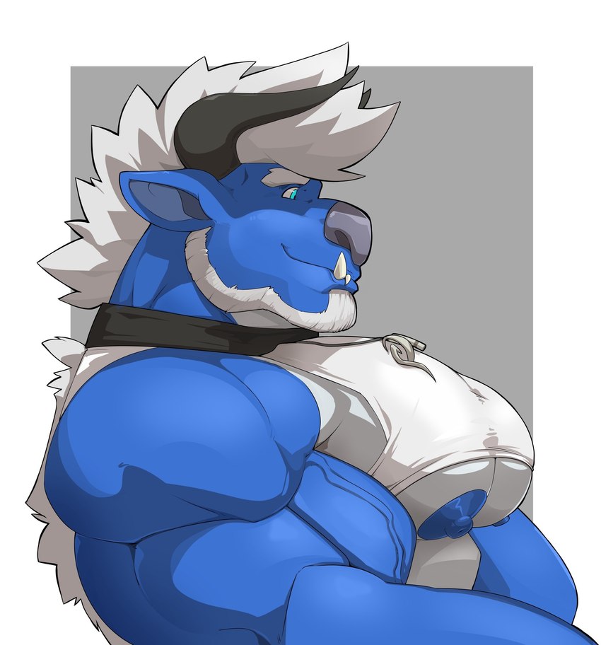 2_horns anthro back_mane beard big_biceps big_deltoids big_pecs black_horn blue_body blue_eyes blue_fur blue_nipples clothing collar deltoids facial_hair fur grey_background hair horn jewelry male multicolored_body multicolored_fur muscular muscular_anthro muscular_male necklace nipples pecs simple_background solo two_tone_body two_tone_fur vein veiny_muscles white_body white_clothing white_fur white_hair kartos final_fantasy square_enix pulse_(behemoth_pulse) behemoth_(final_fantasy) 2019 hi_res