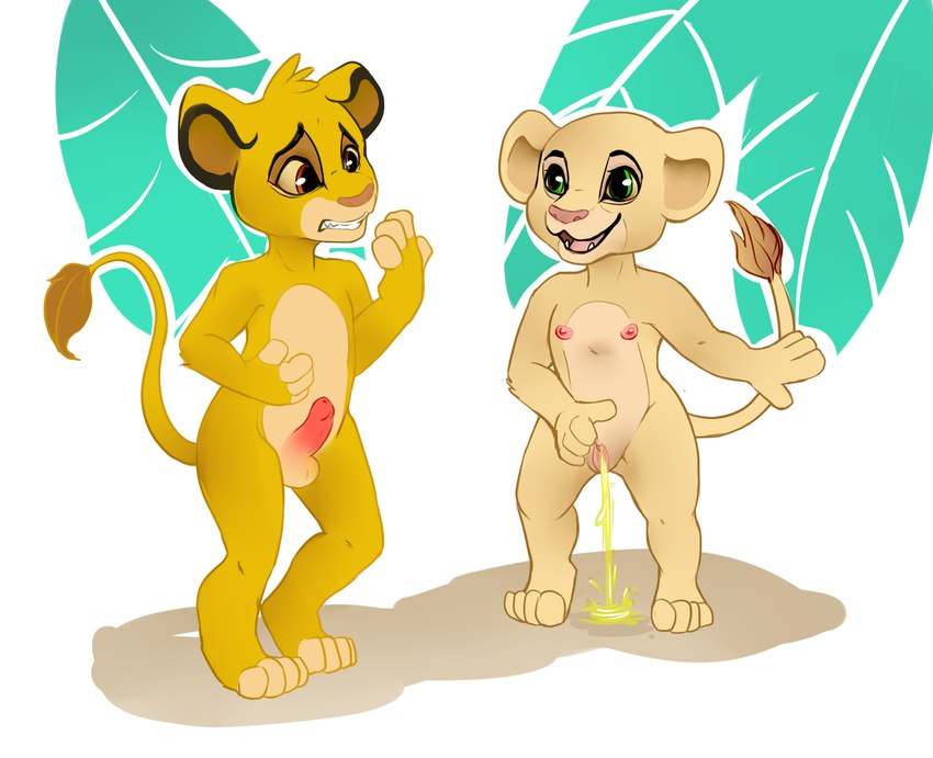 anthro balls bodily_fluids brown_eyes circumcised clitoris duo erection female flat_chested fur genital_fluids genitals green_eyes male male/female nipples nude peeing penis pussy standing tan_body tan_fur urine urine_stream yellow_body yellow_fur young young_anthro bite_(artist) disney the_lion_king nala_(the_lion_king) simba_(the_lion_king) felid lion mammal pantherine hi_res