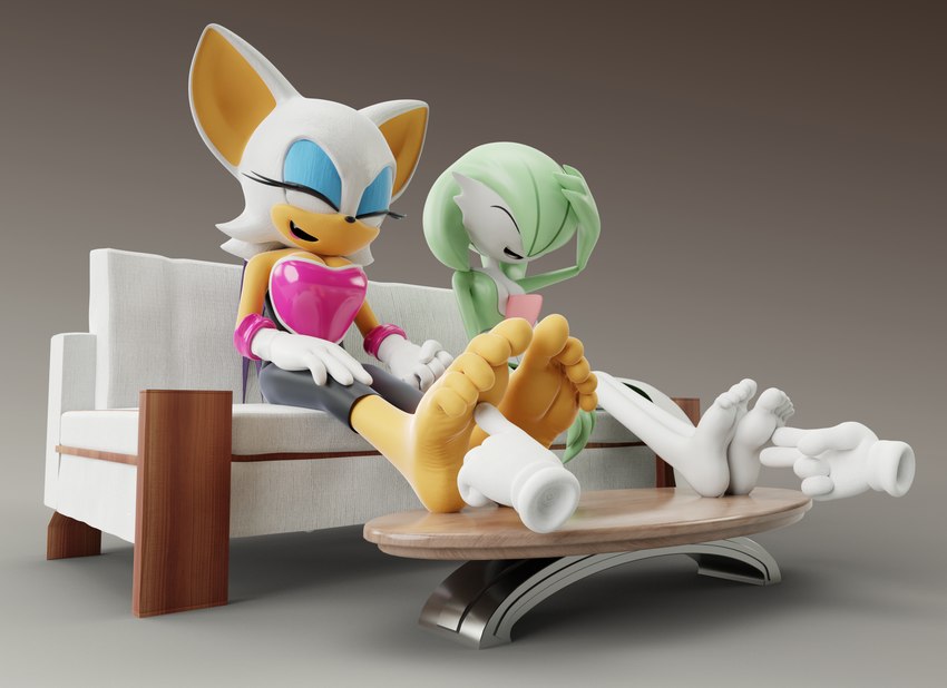 5_toes anthro barefoot disembodied_hand eyes_closed feet female foot_fetish foot_on_table furniture laugh open_mouth soles table tickling tickling_feet toes feetymcfoot nintendo pokemon sega sonic_the_hedgehog_(series) rouge_the_bat bat gardevoir generation_3_pokemon humanoid mammal pokemon_(species) 3d_(artwork) crossover digital_media_(artwork) hi_res