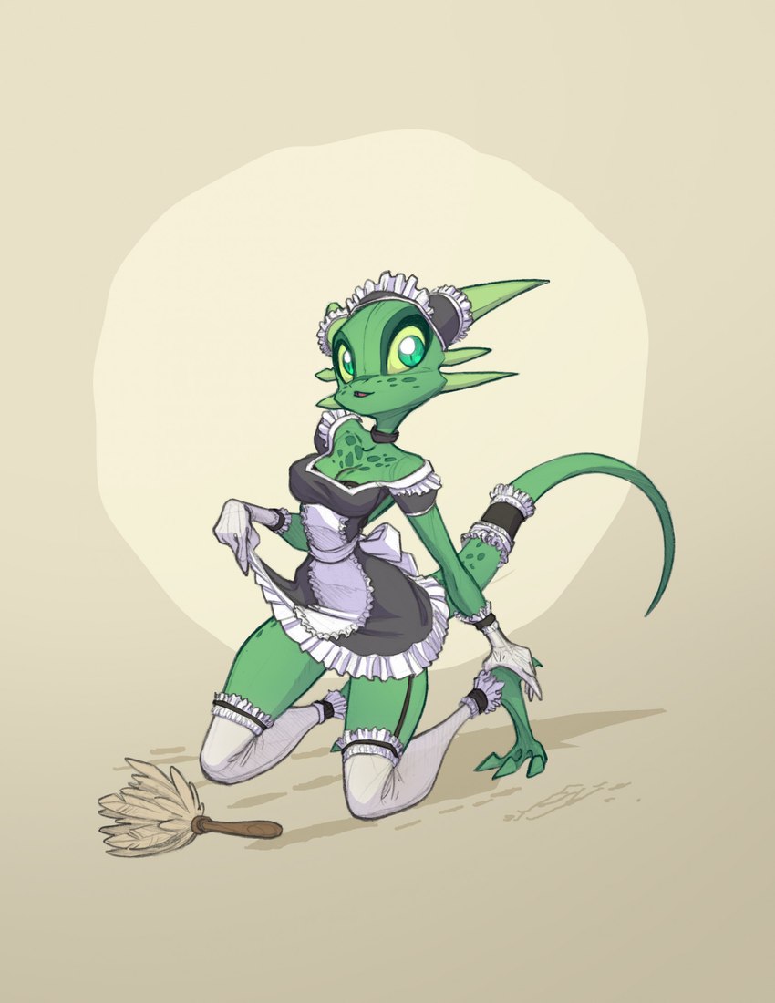 anthro barefoot breasts cleaning_tool cleavage clothed clothing clothing_lift feather_duster feet female gloves green_body green_eyes green_scales handwear legwear maid_uniform scales solo thigh_highs uniform david_lillie microsoft the_elder_scrolls the_lusty_argonian_maid lifts-her-tail argonian scalie hi_res