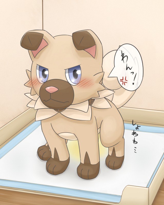 blue_eyes blush bodily_fluids feral fur genital_fluids looking_at_viewer male peeing solo speech_bubble text urine watersports manoreo nintendo pokemon canid canine generation_7_pokemon mammal pokemon_(species) rockruff 4:5 digital_media_(artwork) hi_res japanese_text translated