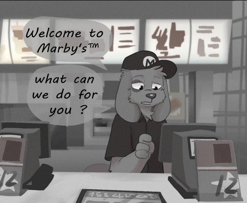 ambiguous_gender anthro cashier clothing dialogue fast_food_employee fast_food_restaurant fast_food_uniform hat headgear headwear solo speech_bubble text text_on_clothing text_on_hat text_on_headwear pop2hotzz arby's canid canine canis domestic_dog mammal english_text greyscale monochrome