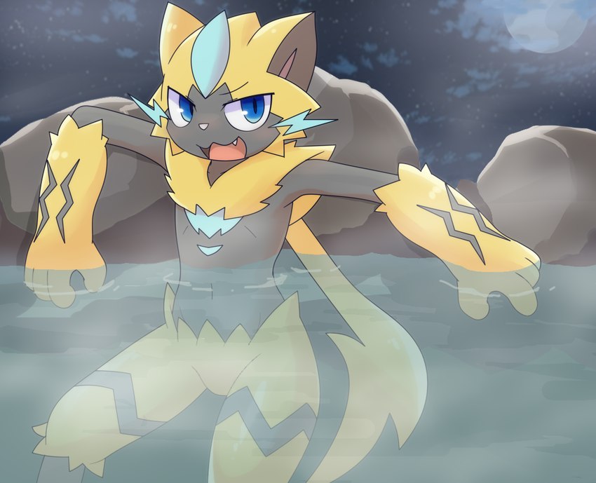 ambiguous_gender anthro bathing blue_eyes fur hair half_submerged long_hair looking_at_viewer multicolored_body open_mouth rock sitting sitting_in_water solo steam water yellow_body yellow_fur laru120 nintendo pokemon generation_7_pokemon legendary_pokemon pokemon_(species) zeraora shaded