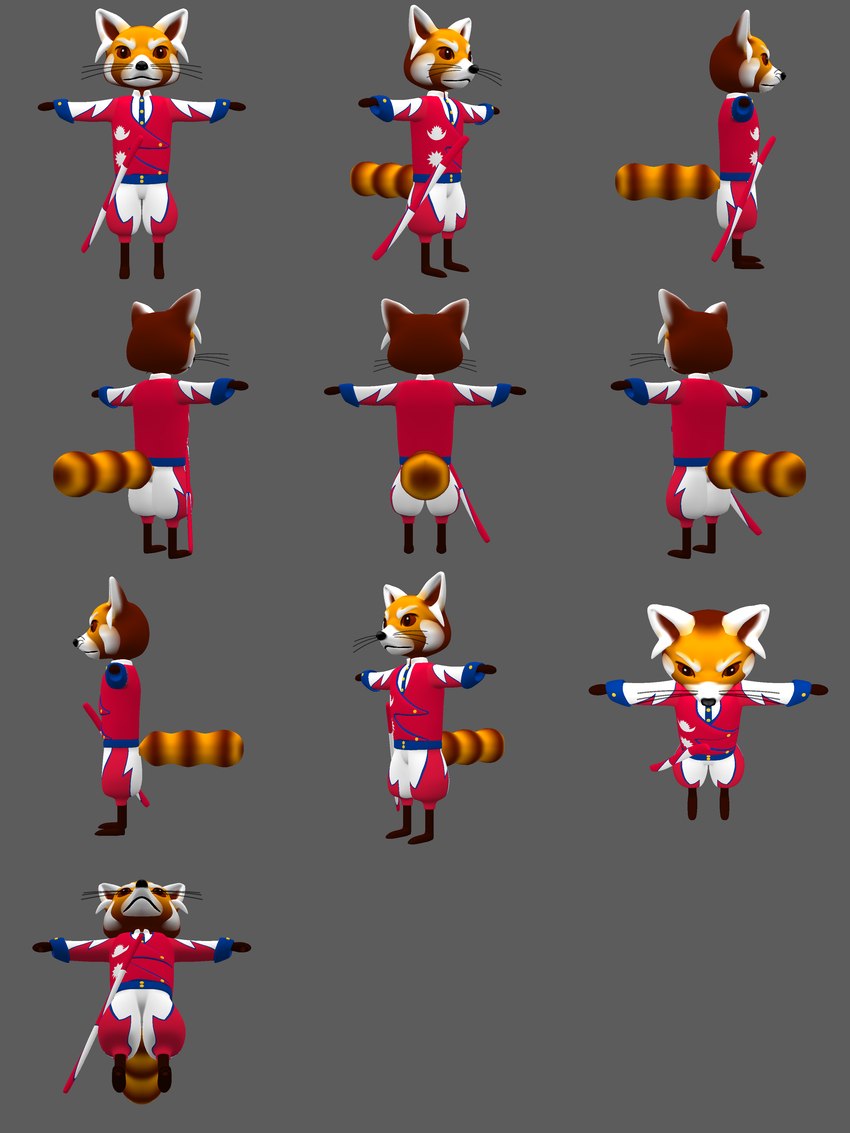 ambiguous_gender anthro black_nose brown_body brown_fur clothing fur grey_background melee_weapon nepal nepal_flag orange_body orange_fur red_outfit simple_background solo sword t-pose tail uniform weapon whiskers schreckengast ailurid mammal red_panda 2017 3:4 3d_(artwork) absurd_res digital_media_(artwork) hi_res