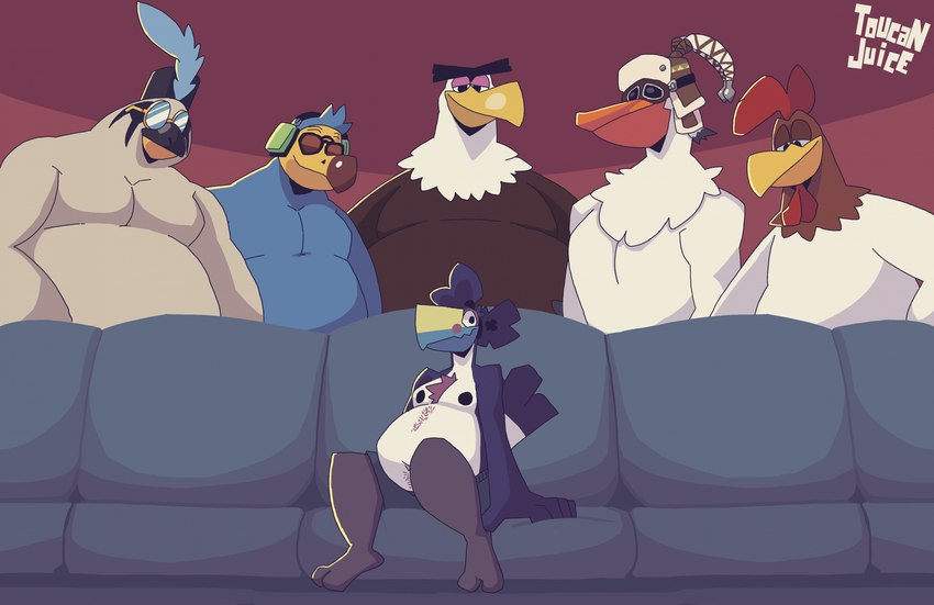 anthro belly clothed clothing earmuffs eyewear furniture glasses group hat headgear headwear male nipples overweight overweight_male sitting sofa sunglasses topless mangawoof angry_birds animal_crossing looney_tunes nintendo piper_perri_surrounded rovio_entertainment sega skullgirls the_legend_of_zelda warner_brothers foghorn_leghorn horace_(skullgirls) mighty_eagle penn_(tloz) wilbur_(animal_crossing) accipitrid accipitriform avian bald_eagle bird chicken columbid dodo eagle falcon falconid galliform gallus_(genus) leghorn_chicken pelecaniform pelican phasianid ramphastos recently_extinct_species rito sea_eagle toco_toucan toucan hi_res meme