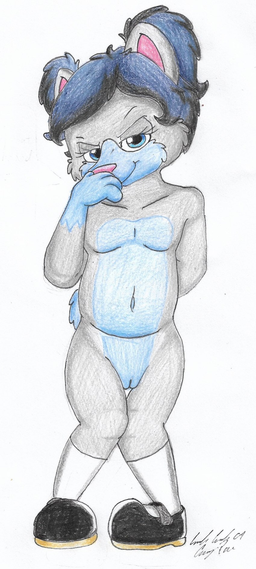 anthro blue_body blue_eyes blue_fur blue_hair casual_nudity clothing female flat_chested footwear footwear_only fur genitals grey_body grey_fur hair looking_at_viewer mostly_nude navel nude pussy shoes shoes_only smug socks solo standing young young_anthro young_female silversimba01 canid canine canis domestic_dog husky mammal nordic_sled_dog siberian_husky spitz hi_res