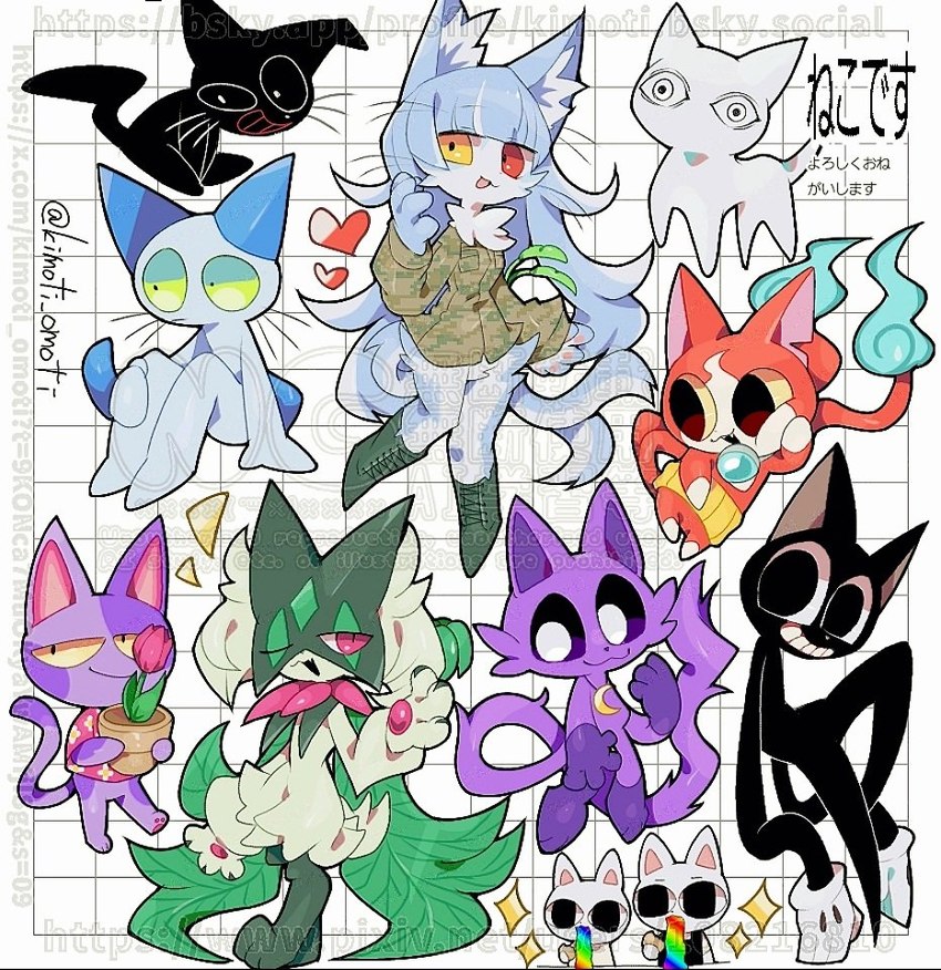 :3 anthro black_body black_eyes black_sclera blue_body blue_ears blue_hair blue_tail checkered checkered_background female green_body green_sclera group hair heterochromia inner_ear_fluff male mouthless one_eye_closed open_mouth pattern_background pink_eyes pupils purple_body red_eyes simple_background tail text tuft white_body white_pupils yellow_eyes kimoti_omoti animal_crossing cat_soup japan_air_self-defense_force kiyo_(youtuber) level-5 mob_entertainment neko_no_teach-kun nekojiru nintendo oyasaioni9 pokemon poppy_playtime scp-jp scp_foundation smiling_critters trevor_henderson yo-kai_watch bob_(animal_crossing) cartoon_cat_(trevor_henderson) catnap_(poppy_playtime) jibanyan kiyoneko nyako_(nekojiru) nyatta omaneko_(jasdf) scp-040-jp teach animal_humanoid cat_humanoid domestic_cat felid felid_humanoid feline feline_humanoid felis generation_9_pokemon humanoid mammal mammal_humanoid meowscarada pokemon_(species) artist_name crossover japanese_text