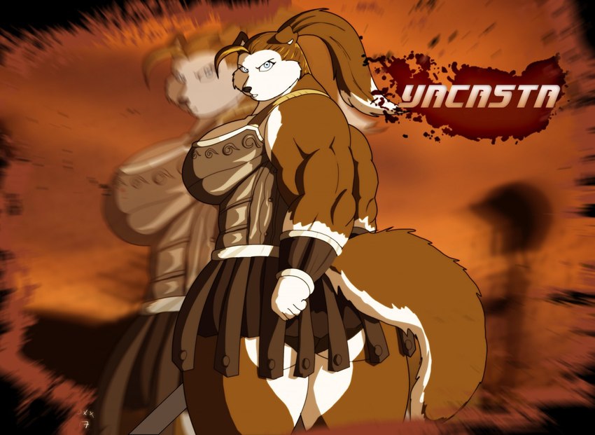 anthro armor big_breasts blue_eyes bottomwear breasts butt clothing female fur huge_breasts multicolored_body multicolored_fur muscular muscular_anthro muscular_female solo text topwear two_tone_body two_tone_fur xxsparcoxx yacasta_(xxsparcoxx) canid canine canis collie domestic_dog herding_dog mammal pastoral_dog rough_collie sheepdog 2018 character_name english_text