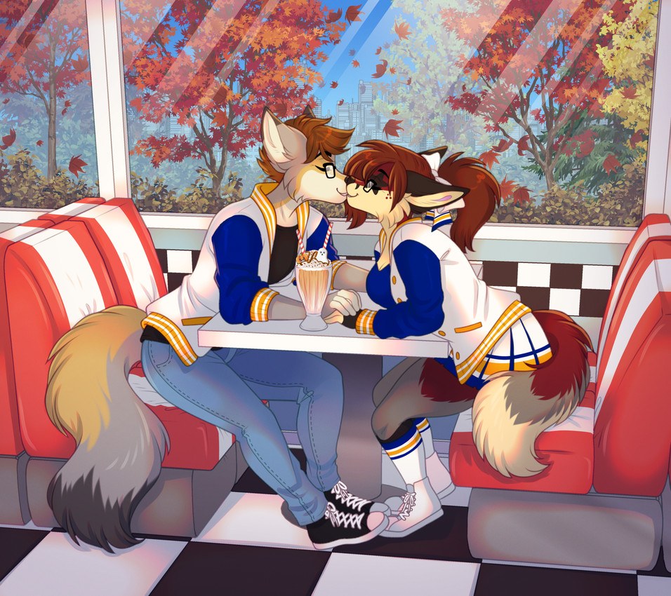 anthro autumn bottomwear brown_hair cheerleader cheerleader_outfit clothing denim denim_bottomwear denim_clothing diner duo eyes_closed eyewear falling_leaves female footwear glasses hair hand_holding jacket jeans knee_highs knee_socks legwear letterman_jacket male male/female nose_kiss pants ponytail restaurant romantic romantic_couple shoes skirt sneakers socks topwear window minettefraise nova_(noverz) pow_(powhatan) canid canine canis fox mammal wolf hi_res
