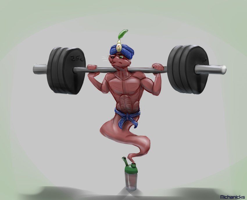 barbell belt bottle clothed clothing container exercise green_eyes headgear headwear humor levitation looking_forward male mostly_nude muscular muscular_male pecs protein_shake religious_clothing religious_headwear shadow shaker simple_background solo text topless turban weightlifting weights whiskers workout michanicks canid canine genie mammal 2024 signature sketch