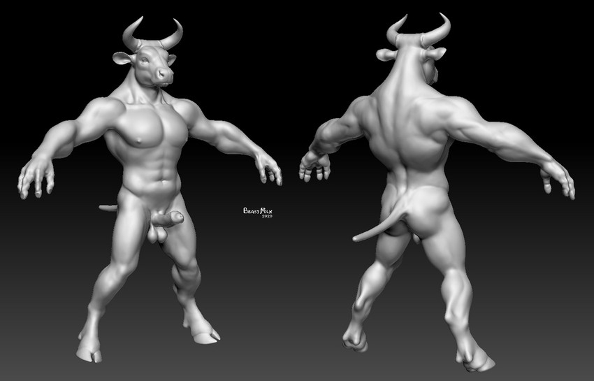 anthro balls erection genitals horn male nude penis sculpt solo t-pose beastmilk bovid bovine mammal 3d_(artwork) digital_media_(artwork) monochrome