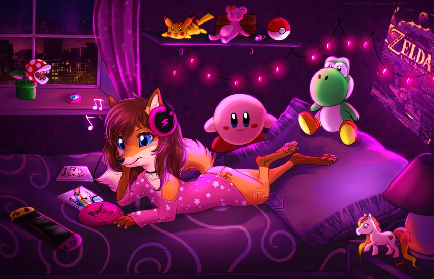 anthro bed bedroom blue_eyes bottomwear cd_player clothing electronics female fur furniture headphones lying musical_note musical_symbol on_bed orange_body orange_fur pants plant pokeball solo symbol rukifox hasbro kirby_(series) mario_bros my_little_pony nintendo nintendo_switch pokemon the_legend_of_zelda yumi_(yatofox) canid canine elemental_creature flora_fauna fox generation_1_pokemon green_yoshi mammal pikachu piranha_plant pokemon_(species) yoshi 14:9