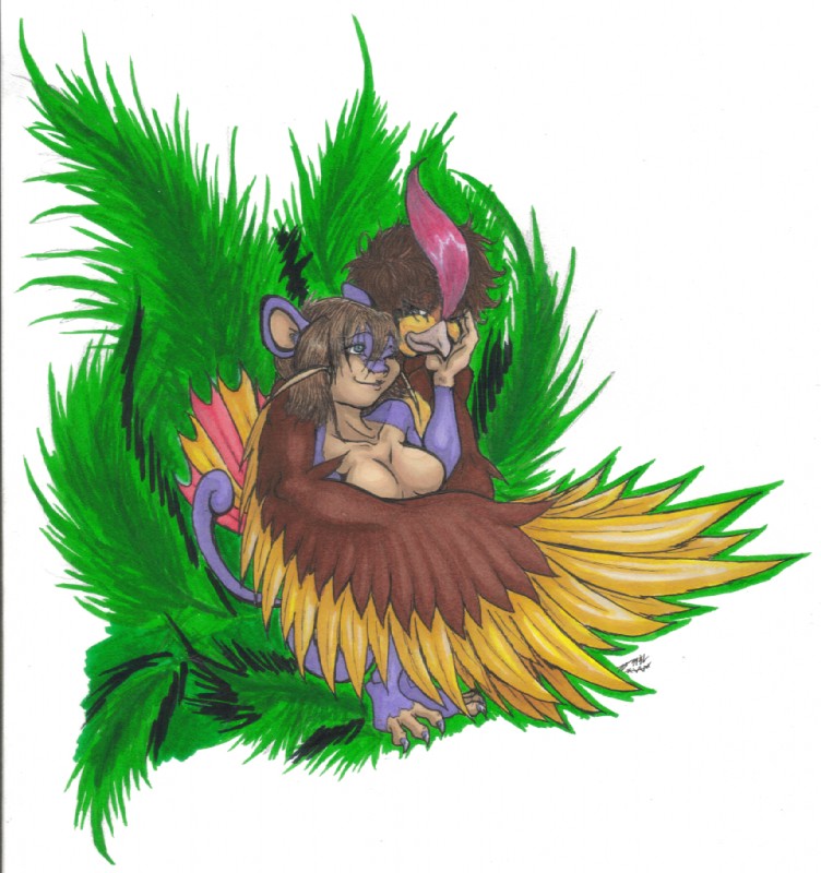 anthro anthrofied beak breasts cuddling duo feathered_wings feathers female grass hair male outside plant romantic romantic_couple sitting smile whiskers wings dragonsushi nintendo pokemon avian bird generation_1_pokemon mammal pidgeotto pokemon_(species) rattata rodent