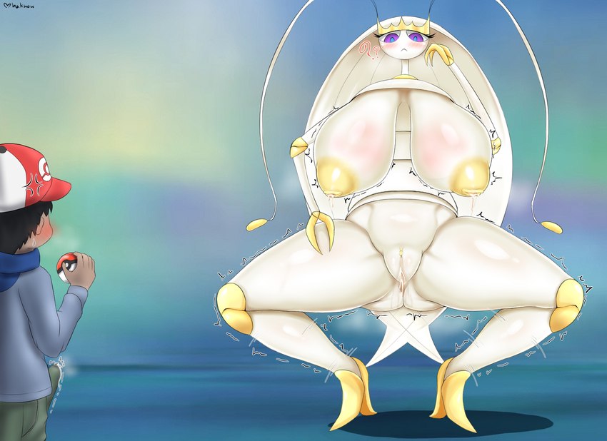 areola big_areola big_breasts big_nipples blush bodily_fluids breasts duo female gameplay_mechanics genital_fluids genitals high_heeled_feet huge_areola huge_breasts huge_nipples inverted_nipples lactating male nipples non-mammal_breasts pokeball puffy_areola puffy_nipples pussy spread_legs spreading standard_pokeball vaginal_fluids mhaknow nintendo pokemon pokemon_trainer arthropod generation_7_pokemon pheromosa pokemon_(species) ultra_beast hi_res watermark