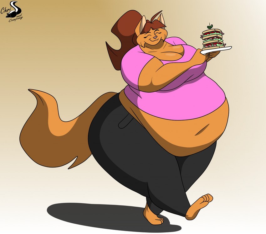 anthro breasts cleavage clothed clothing eyes_closed female food hair overweight sandwich_(food) smile solo chrisandcompany reese_vecat domestic_cat felid feline felis mammal