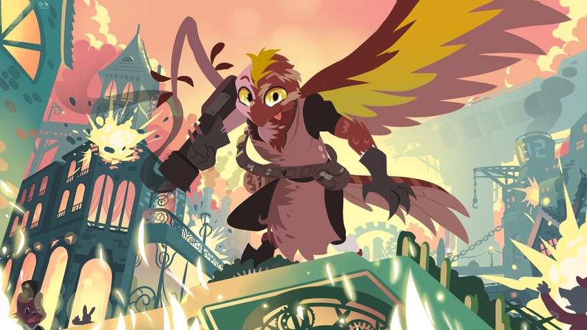 building city detailed_background explosion feathered_wings feathers fire group holding_object holding_weapon looking_at_viewer silhouette sky smoke solo_focus tongue tongue_out weapon wings hydrabb avian bird 16:9 2021 4k absurd_res digital_media_(artwork) hi_res lineless widescreen