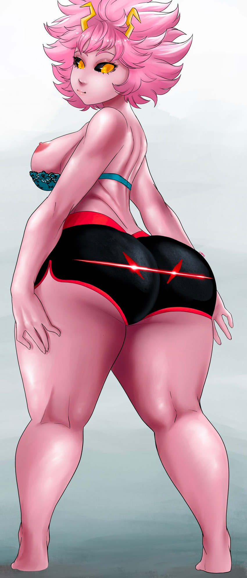 big_breasts big_butt black_sclera bottomwear bra breasts butt clothing female hair horn looking_back nipples not_furry pink_body pink_hair pink_skin rear_view shorts solo underwear yellow_eyes lyn_nyl my_hero_academia ashido_mina alien horned_humanoid humanoid hi_res