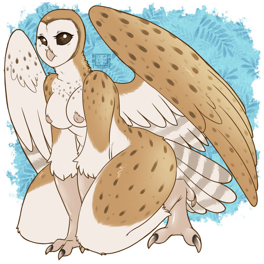 4_toes anisodactyl anthro avian_feet beak breasts eyelashes feathered_wings feathers feet female kneeling nipples non-mammal_breasts non-mammal_nipples solo spots tail tail_feathers tan_body tan_feathers thick_thighs toes wide_hips wings nut-case avian barn_owl bird owl tyto tytonid 1:1 hi_res