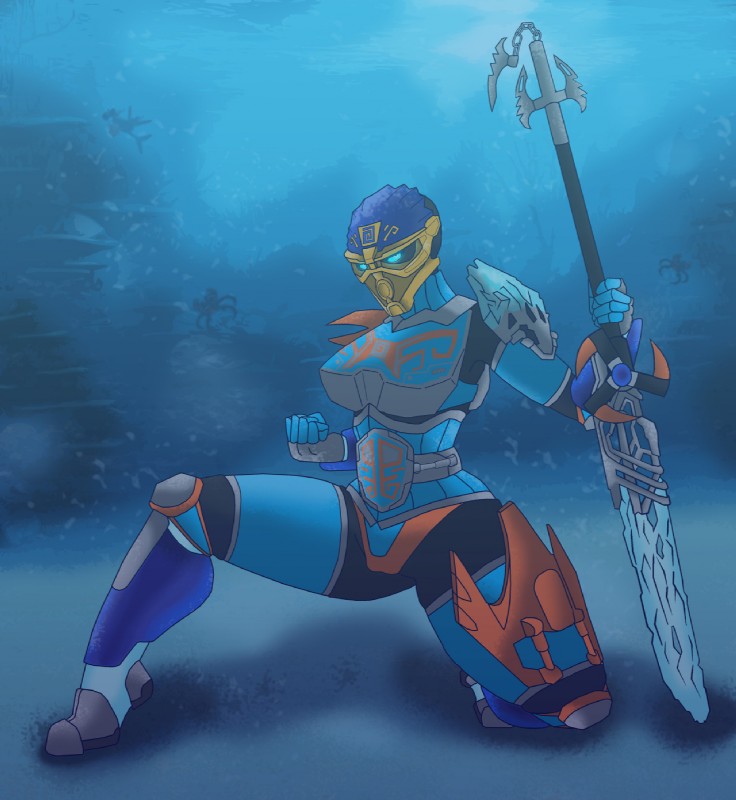 armor female machine mask not_furry pose solo underwater water weapon nroc-nuika bionicle lego gali robot hi_res