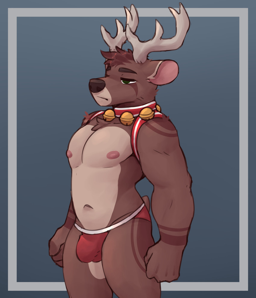 anthro antlers bell brown_body bulge clothing green_eyes horn jingle_bell jockstrap male muscular muscular_anthro muscular_male navel nipples red_clothing red_underwear solo underwear snaftfc deer mammal new_world_deer reindeer absurd_res hi_res portrait three-quarter_portrait