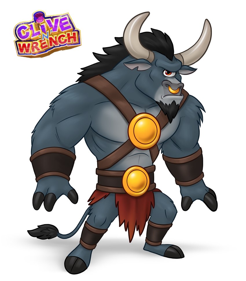 1_eye 2_horns 2_toes anthro armguards armwear belt bent_legs black_facial_hair black_goatee black_hair black_hooves black_tail_tuft bottomwear brown_armwear brown_belt brown_clothing brown_eyes clothing curved_horn facial_hair facial_piercing feet fingers frown frown_eyebrows fur furrowed_brow goatee gold_nose_ring grey_body grey_fur grey_inner_ear grey_tail hair harness hooved_fingers hooves horn legband long_hair looking_at_viewer male mouth_closed muscular muscular_anthro muscular_male nose_piercing nose_ring notched_ear pecs piercing red_bottomwear red_clothing red_skirt ring_piercing skirt solo standing tail tail_tuft tan_horn title toes torn_clothing torn_skirt tuft luigil clive_'n'_wrench european_mythology greek_mythology mythology numskull_games unitaur_(clive_'n'_wrench) bovid bovine cyclops hybrid mammal minotaur 2017 absurd_res colored digital_drawing_(artwork) digital_media_(artwork) hi_res shaded