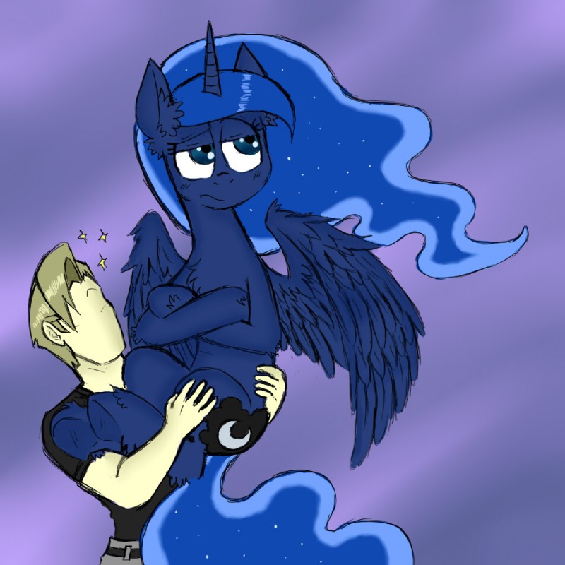 blonde_hair blue_body blue_eyes blue_fur blue_hair clothing cutie_mark duo faceless feathered_wings feathers female feral frown fur hair horn long_hair male unimpressed wings ichibangravity friendship_is_magic hasbro my_little_pony mythology princess_luna_(mlp) equid equine human mammal mythological_creature mythological_equine winged_unicorn 1:1